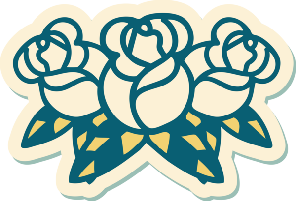 Bir insan tarafından çizilmiş bir buket çiçeğin geleneksel stiliyle dövme çıkartması.