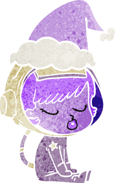 Bir insan tarafından çizilmiş Noel Baba şapkasıyla bekleyen güzel bir astronot kızın el çizimi karikatürü.