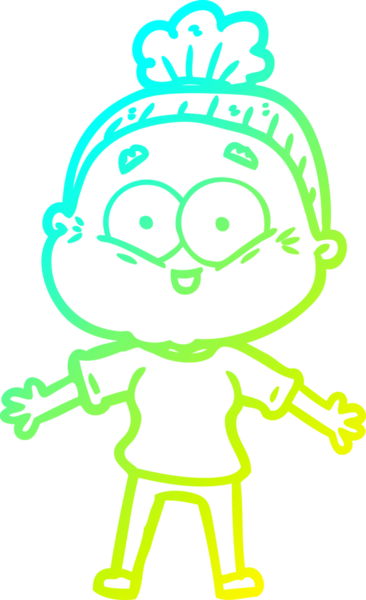 Bir insan tarafından çizilmiş, mutlu, yaşlı bir kadının çizimi.