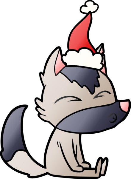 Bir insan tarafından çizilmiş Noel Baba şapkası giymiş bir kurdun el çizimi karikatürü.