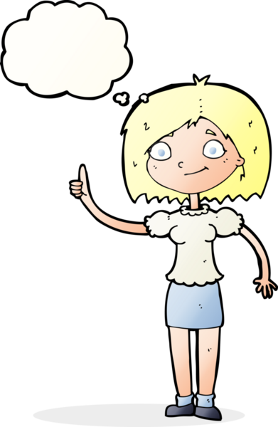 Bir insan tarafından çizilmiş düşünce baloncuğu fikri olan karikatür kadın.