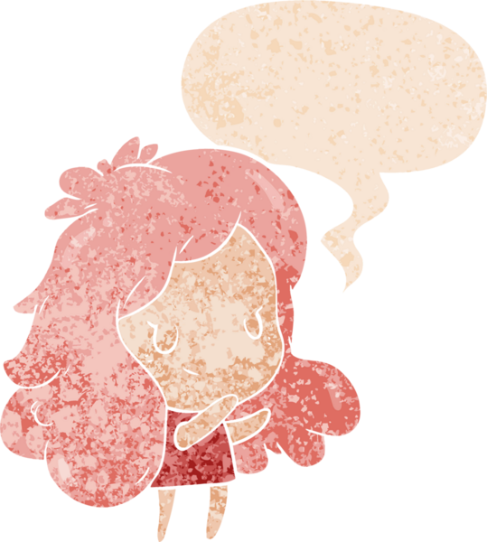 Bir insan tarafından çizilmiş grunge dertli retro tarzı konuşma baloncuğu olan çizgi film kızı.