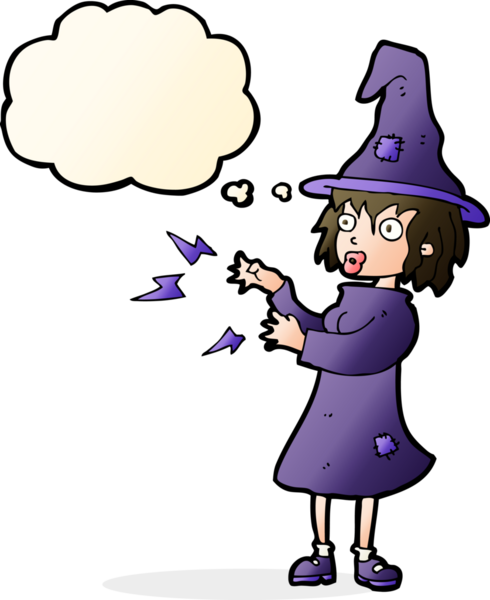 Bir insan tarafından çizilmiş düşünce baloncuğu ile çizgi film cadısı büyüsü