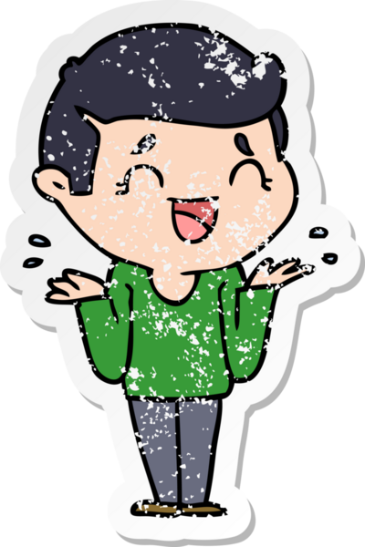 Bir insan tarafından çizilmiş kafası karışmış, gülen bir karikatür çıkartması.