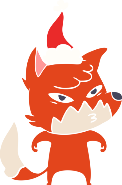Bir insan tarafından çizilmiş Noel Baba şapkası giyen bir tilkinin düz renk çizimi.