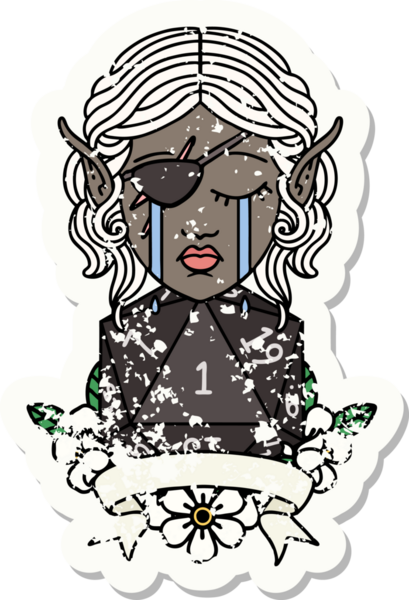 Retro Dövme Tarzı Ağlayan Elf Haydut Karakteri Bir insan tarafından çizilmiş doğal bir D20 rulosu