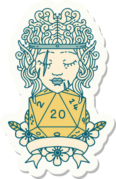 Bir insan tarafından çizilmiş 20 zarlı elf barbar karakterinin çıkartması.