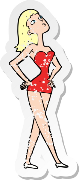 Bir insan tarafından çizilmiş parti elbisesi içindeki bir karikatür kadının gerilimli çıkartması.