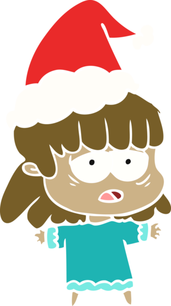 Bir insan tarafından çizilmiş Noel Baba şapkası giyen yorgun bir kadının el çizimi düz bir çizim.