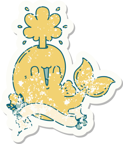 Dövme stili eski bir çıkartma. Bir insan tarafından çizilmiş mutlu, fışkırtan balina karakteri.