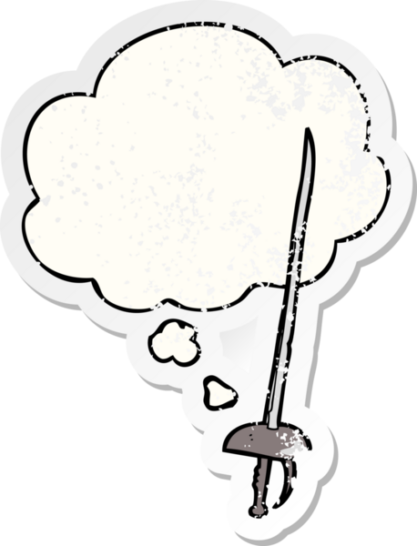 Düşünce baloncuklu karikatür kılıcı bir insan tarafından çizilmiş yıpranmış bir çıkartma gibi.
