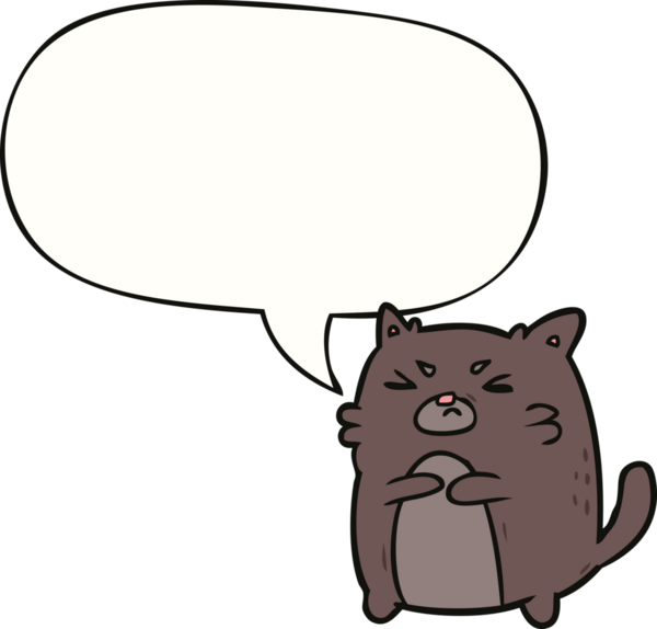 Bir insan tarafından çizilmiş konuşma balonlu kızgın kedi çizgi filmi.