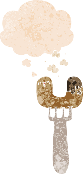 Çatal üzerinde çizgi film sosisi ve grunge 'da düşünce baloncuğu bir insan tarafından çizilmiş rahatsız edilmiş retro dokuma tarzı.