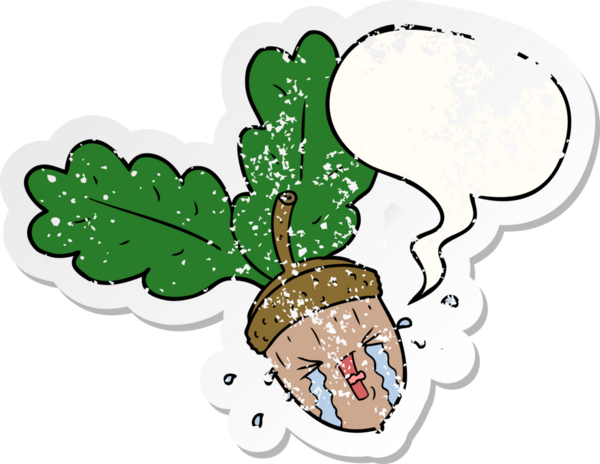 çizgi film ağlayan meşe palamudu konuşma baloncuğu bir insan tarafından çizilmiş sıkıntılı eski bir çıkartma