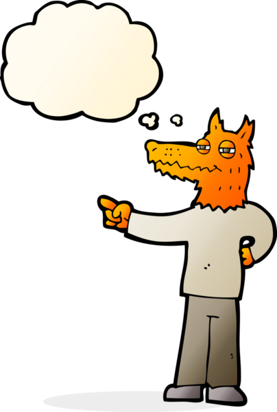 Bir insan tarafından çizilmiş düşünce balonlu tilki adam.