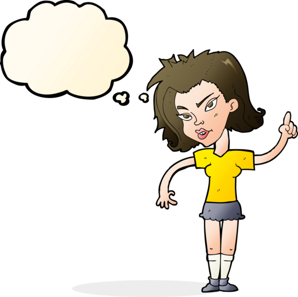 Bir insan tarafından çizilmiş düşünce baloncuğu fikri olan karikatür kadın.