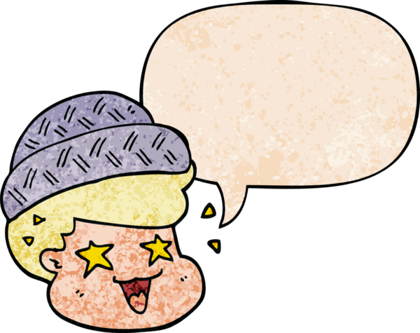 Çizgi film çocuğu şapkalı, konuşma baloncuklu eski moda bir insan tarafından çizilmiş.