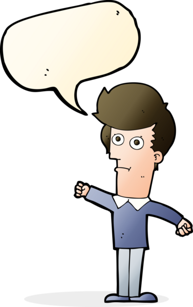 Bir insan tarafından çizilmiş konuşma balonuyla yumruk atan karikatür adamı.