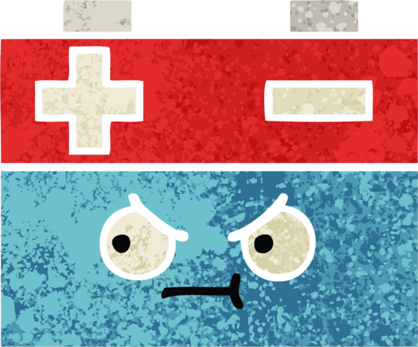 Bir insan tarafından çizilmiş bir araba aküsünün retro çizim tarzı karikatürü