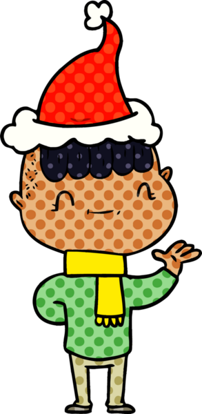 Bir insan tarafından çizilmiş, dost canlısı, Noel Baba şapkası takan bir çocuğun el çizimi çizgi roman tasviri.