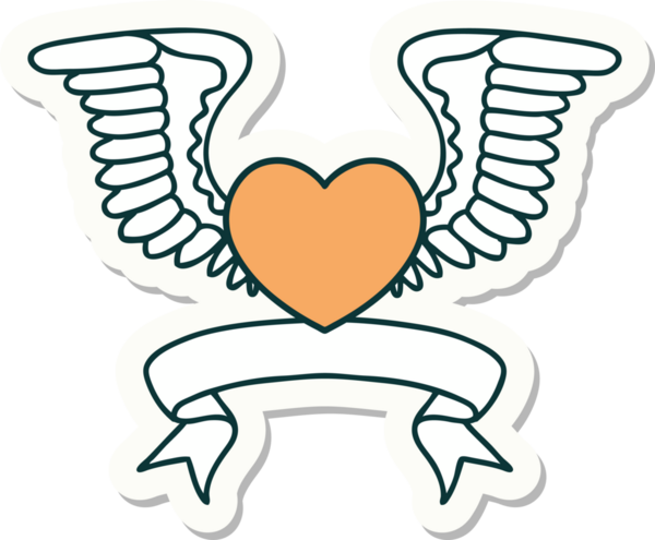 Bir insanın çizdiği kanatlı bir kalbin bayrağıyla dövme stili çıkartması.