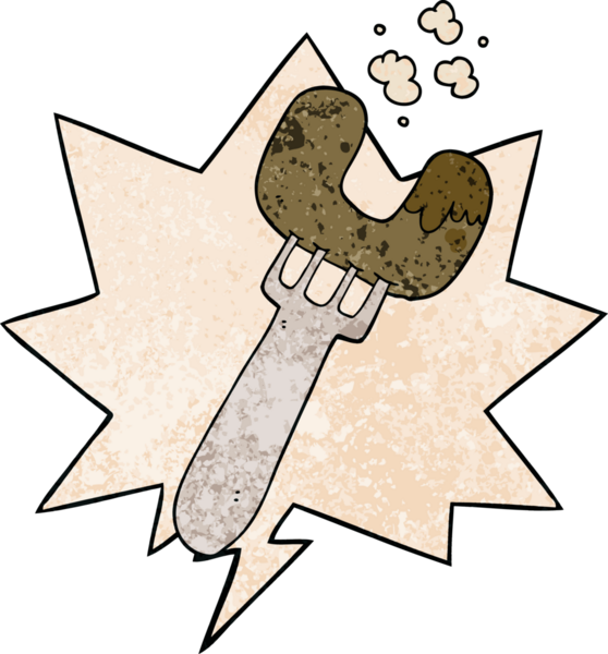 Çizgi film sosisi çatal üzerinde konuşma baloncuğu ile retro doku şeklinde bir insan tarafından çizilmiş.