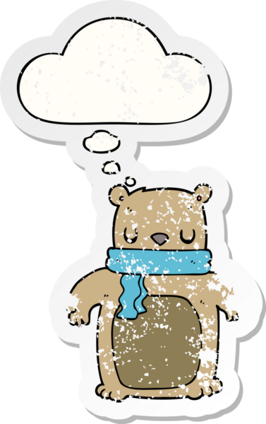 Düşünce baloncuklu eşarplı çizgi film ayısı bir insan tarafından çizilmiş yıpranmış bir çıkartma gibi.