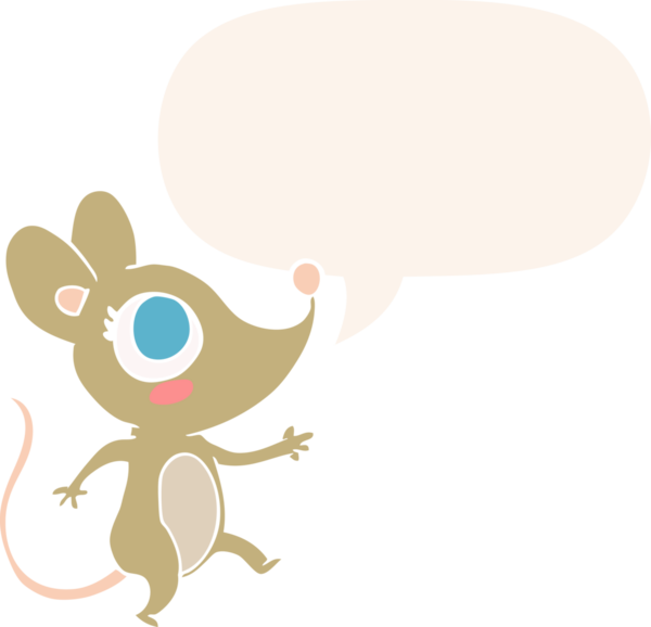 Konuşma baloncuğu olan sevimli çizgi roman faresi bir insan tarafından çizilmiş.