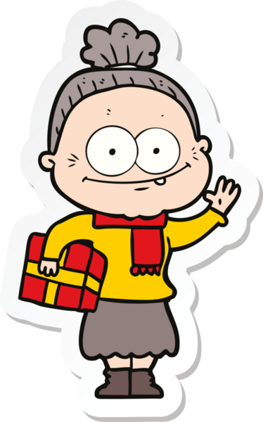 Bir insan tarafından çizilmiş mutlu yaşlı bir kadının çıkartması.