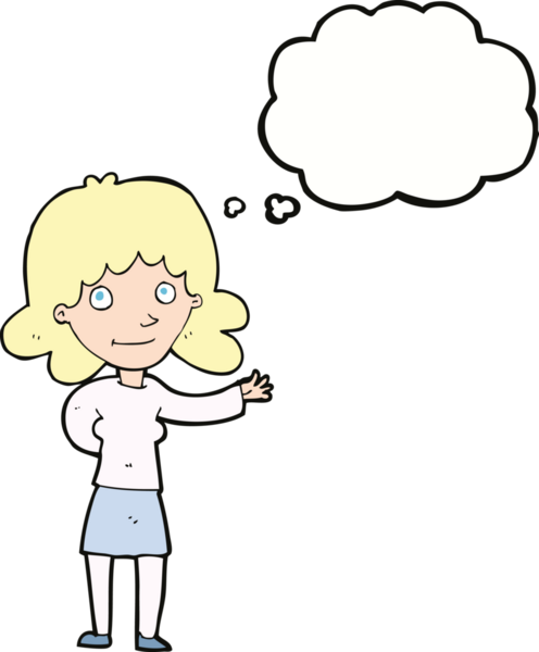 Bir insan tarafından çizilmiş düşünce baloncuğu olan çizgi film dostu kadın.