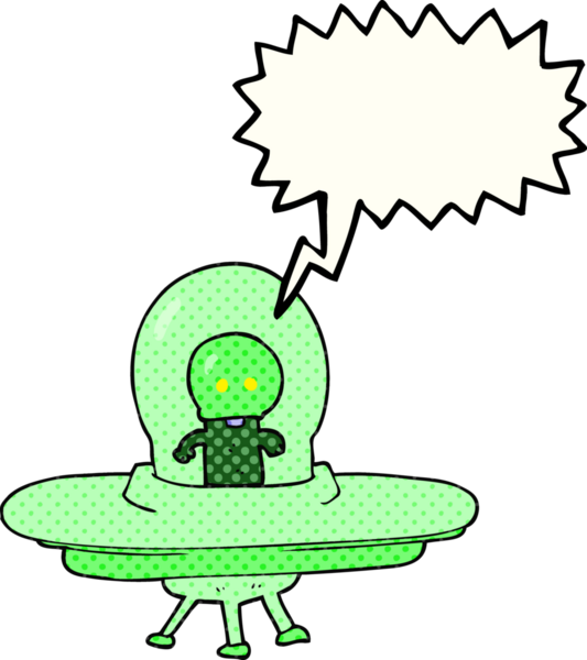 Bir insan tarafından çizilmiş uçan dairedeki uzaylı çizgi film karakteri.