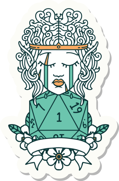 Bir insan tarafından çizilmiş doğal bir ruloya sahip üzgün bir elf barbarının çıkartması.