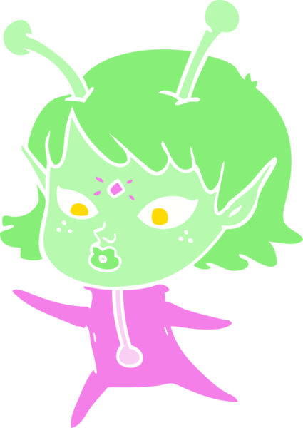 Bir insan tarafından çizilmiş düz renk çizgi film uzaylı kızı.