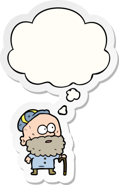 Düşünce baloncuğu insan tarafından çizilmiş bir çıkartma ile yürüyen yaşlı bir adam.