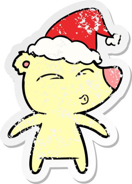 Bir insan tarafından çizilmiş Noel Baba şapkası giymiş, ıslık çalan bir ayının çizilmiş el yazısı.