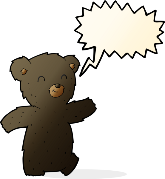 Bir insan tarafından çizilmiş konuşma balonu olan sevimli çizgi film kara ayısı.