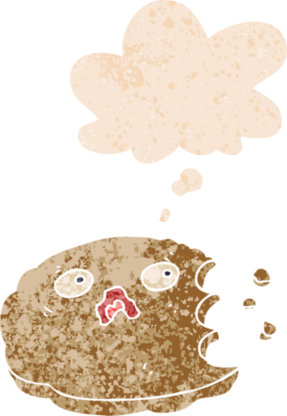 Isırılmış karikatür çerezi ve grunge içinde düşünce balonu bir insan tarafından çizilmiş sıkıntılı retro dokuma tarzı