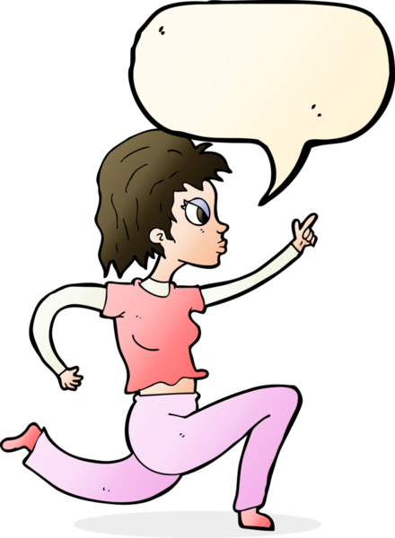 Bir insan tarafından çizilmiş konuşma balonuyla koşan ve işaret eden çizgi film kadını.