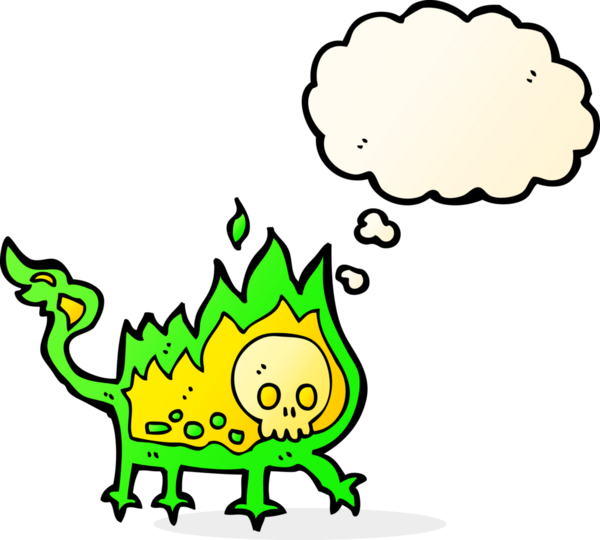 Bir insan tarafından çizilmiş düşünce baloncuğu olan küçük ateş şeytanı.