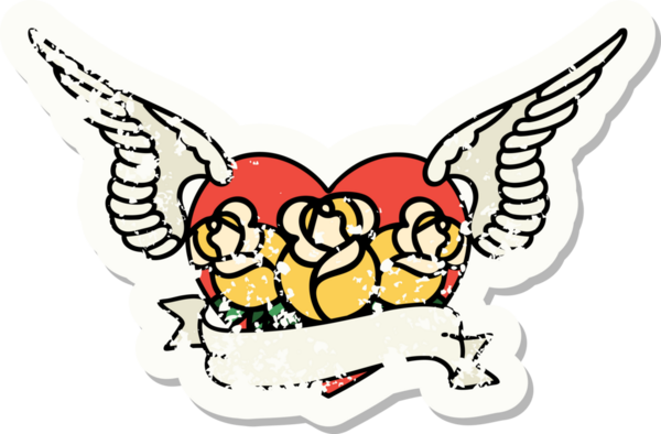 Geleneksel bir stil olan, çiçek ve pankart çizilmiş uçan kalp dövmesi.