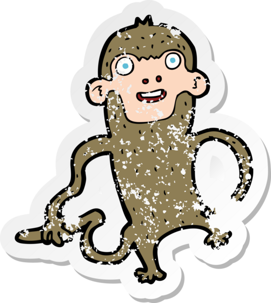 Bir insan tarafından çizilmiş karikatür maymununun gerilmiş çıkartması.