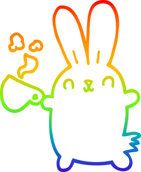 Gökkuşağı gradyan çizgisi üzerinde bir insan tarafından çizilmiş kahve fincanı olan sevimli bir tavşan çizimi