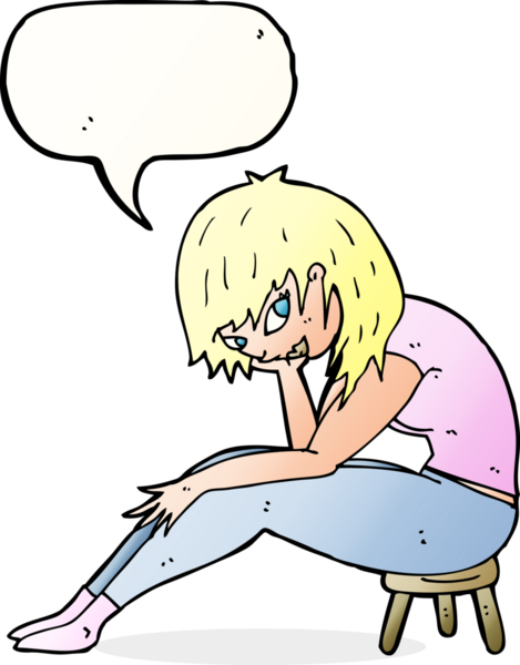 Bir insan tarafından çizilmiş bir konuşma balonuyla küçük bir taburede oturan çizgi film kadını.