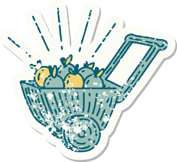 Bir insan tarafından çizilmiş elma arabasının eski bir çıkartması.