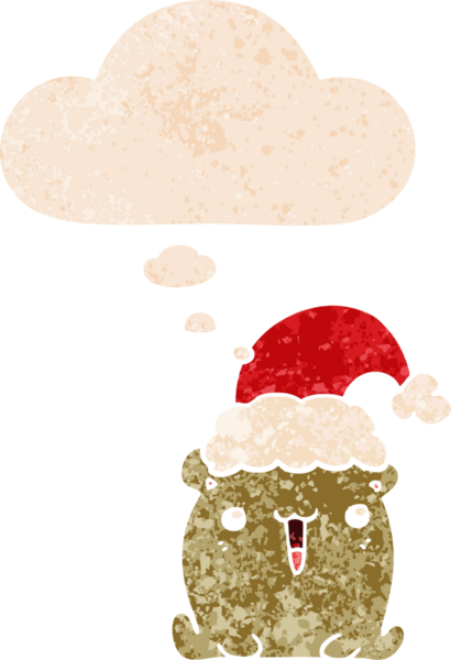 Hoş bir çizgi film ayısı. Düşünce baloncuğuyla Noel şapkası takıyor. Grunge 'da sıkıntılı bir retro tarzı var.