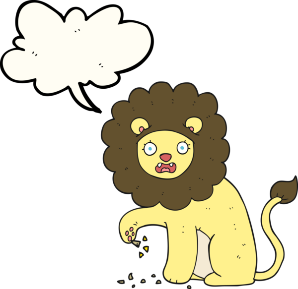 Bir insan tarafından çizilmiş dikenli ayaklı serbest konuşma balonu karikatür aslanı.