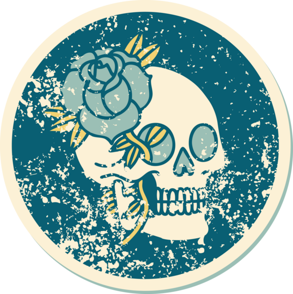 Bir insan tarafından çizilmiş kafatası ve gülün sembolik dövmeli görüntüsü.