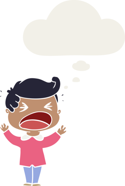 Düşünce baloncuğu olan bağıran bir karikatür insan tarafından çizilmiş.