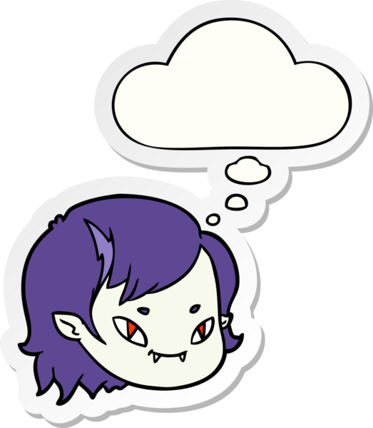 Bir insan tarafından çizilmiş bir çıkartma gibi düşünce balonlu vampir kız yüzü.