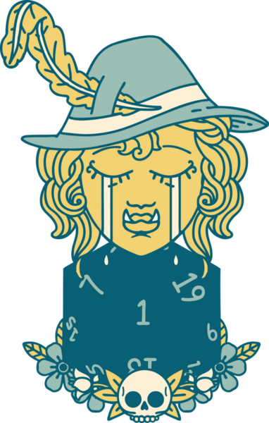 Retro Dövme Biçimi Ağlayan Ozan Ozan Karakteri Bir insan tarafından çizilmiş doğal bir D20 rulosu